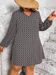 SHEIN CURVE+ Plus Size Casual Random Print Dress, Plus Size - Black and White - View 5