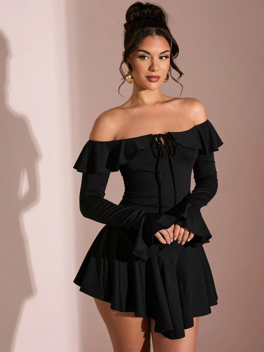 SHEIN BAE Summer Beach Vacation Elegant Solid Black Ruffle Dress One Shoulder Off Shoulder Long Sleeves, Suitable For Daily Dating, Night Out, Nightclubs, Parties, Get-Togethers, Cocktail Parties, Holiday Dresses, Pool Parties - Black - View 1