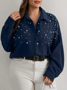 RueChic Cottnline Pearls Beaded Drop Shoulder Shirt - Navy Blue - View 5