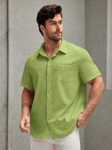 Manfinity Homme Plus Size Men's Solid Color Simple Casual Short Sleeve Shirt - Lime Green - View 1