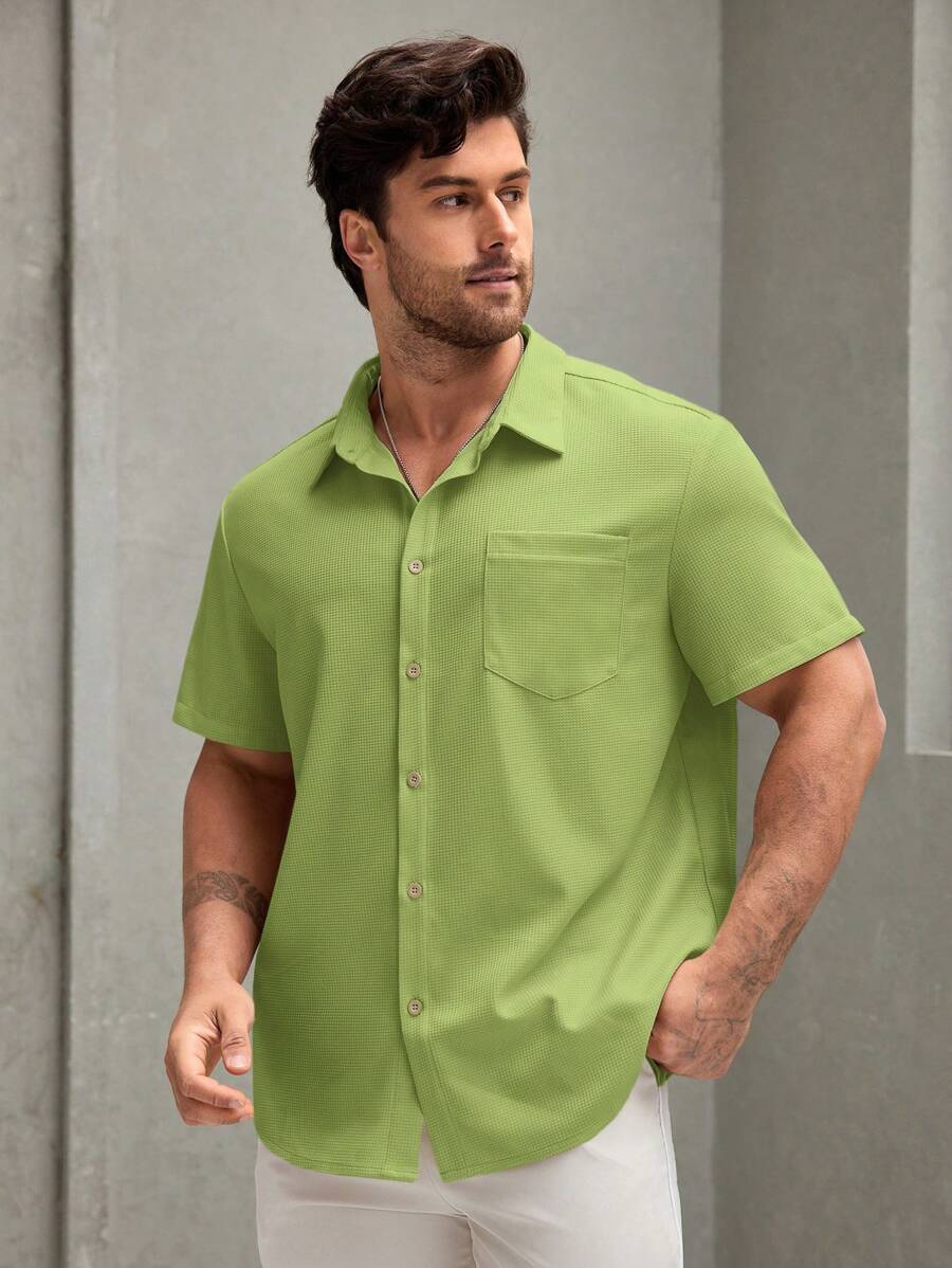 Manfinity Homme Plus Size Men's Solid Color Simple Casual Short Sleeve Shirt - Lime Green - View 1