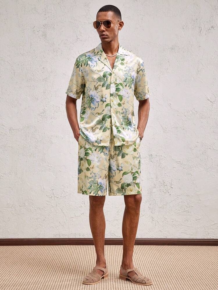 2pcs Men's Fitted Collared Short Sleeve Casual Woven Shirt Set, Suitable For Everyday