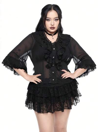 Plus Size Women Gothic Palace Style V-Neck Ruffle Bell Sleeve Tie Waist Chiffon Blouse Top