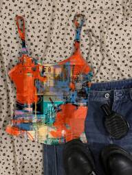 Attitoon Women's Casual Vintage Architecture Tie-Dye Pattern Racerback Tank Spaghetti Strap Top, Suitable For Summer Suitable For Going Out