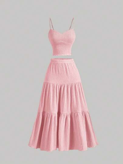 SHEIN MOD 1 Set Damen Rosa Trägerhemd und lange Midi-Röcke