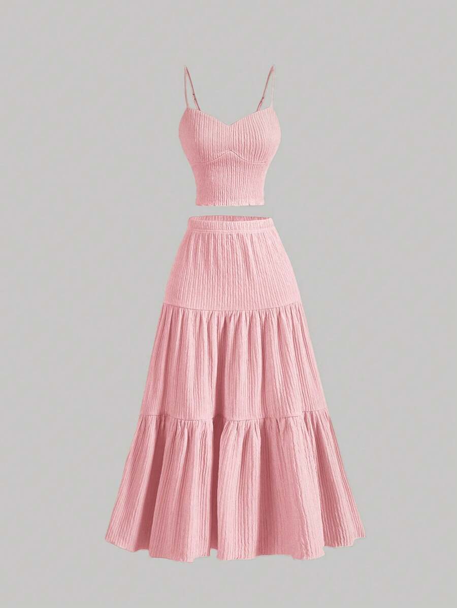 SHEIN MOD 1 Bộ áo hai dây màu hồng và chân váy dài midi cho nữ - Hồng - Xem 1