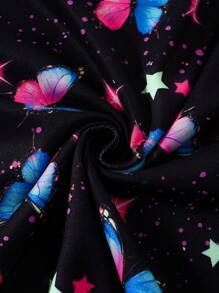 青少年女孩蝴蝶夜光扎染月亮拼布圆领短袖上衣和裤子套装，舒适贴身，时尚