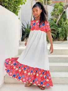 Tween Girls' Vacation Casual Ditsy Floral Patchwork Round Neck Short Sleeve Dress - Multicolor - View 3