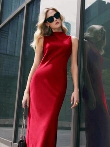 BizChic 红色缎面垂褶领无袖鱼尾连衣裙，优雅都市通勤日常浪漫90年代复古风，适合圣诞节、新年、情人节、派对、海滩、毕业典礼、时尚、节日、假日、婚礼宾客、早午餐、机场等多种场合。 - 酒紅色 - 查看 8