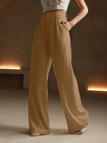 Anewsta 卡其色优雅现代时尚直筒高腰西装裤，度假/新年 - 薑色 - 查看 6