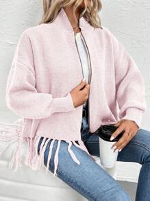 SHEIN LUNE Cardigan casual feminino com zíper frontal de cor sólida, minimalista e moderno para uso diário - Baby Rosa - Ver 7