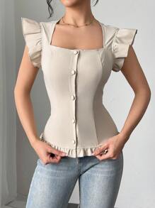 Chiquease Women's Elegant Ruffle Collar Slim Fit Blouse - Apricot - View 7