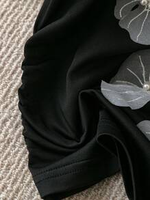 SHEIN Unity 女士纯色 3D 花卉连衣裙，简约时尚休闲日常穿着 - 黑色 - 查看 5