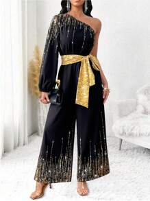 Lyxana 肩部镂空收腰闪亮印花连体裤 - 黑色 - 查看 6