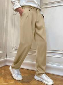 Manfinity Hypemode Men Casual Solid Color Simple Stylish Everyday Trousers For Ceremony, Formal - Khaki - View 5