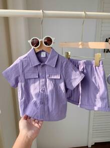SHEIN Leap Crew 2pcs/Set Baby Boy Summer Cute Casual Purple Short Sleeve Shirt & Shorts Set, Suitable For Birthday Party, Evening Party, Performance, Wedding, Baby Shower, And 1st Birthday Celebration - Multicolor - View 1
