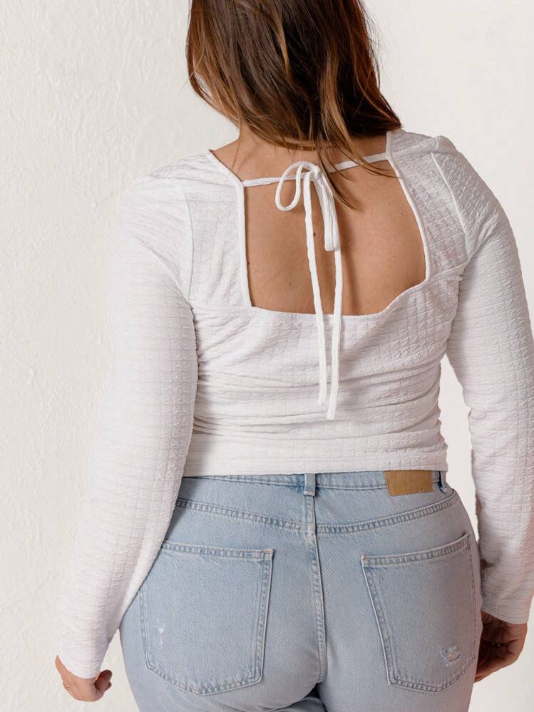 Aralina 大码 Curve 女式露背纹理白色长袖上衣 - 咖啡棕 - 查看 2