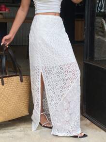 DAZY Contrast Lace Stitching Slit Skirt, Casual Holiday Summer Women Skirt,Fall Clothes