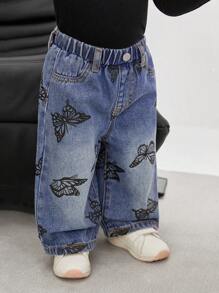 SHEIN Baby Girl Butterfly Print Blue Denim Wide Leg Pants - Medium Wash - View 6