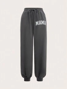SHEIN EZwear Women Gray Letter Print Drawstring Waist Jogger Pants - Dark Grey - View 1
