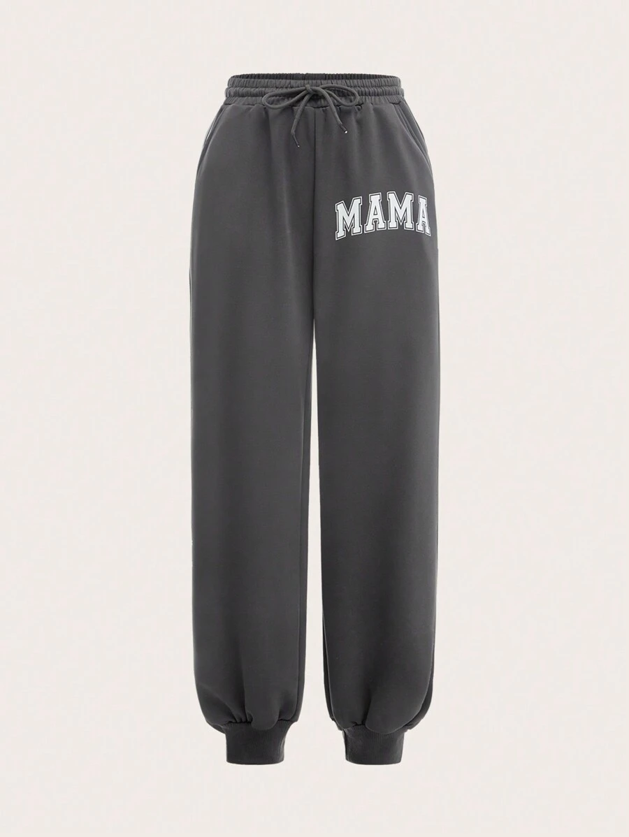SHEIN EZwear Women Gray Letter Print Drawstring Waist Jogger Pants - Dark Grey - View 1