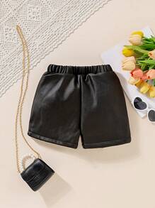 2-4T Baby Girl Faux Leather Pants, Short Style, Thick Thermal Lined, Comfortable & Fashion For Autumn/Winter - Coffee Brown - View 2