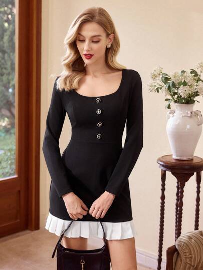 Vintamour Vestido mini plisado de bloque de color vintage elegante para mujer, uso de oficina, vestido de cuello alto de manga larga con decoración de botones, casual/oficina, vestido de San Valentín, vestido negro, vestidos de cumpleaños para mujeres, vestidos negros para mujeres, vestidos para mujeres, vestido de manga larga elegante para el Día de San Valentín, bodas, atuendos de cumpleaños para mujeres, vestido casual de negocios para invitada de boda, ropa de San Valentín para mujeres, vestidos elegantes para mujeres, ropa de iglesia para mujeres, vestidos para mujeres, fiesta