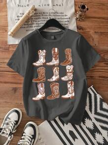 Attitoon Camiseta holgada de mujer con cuello redondo y estampado minimalista de botas, adecuada para el verano