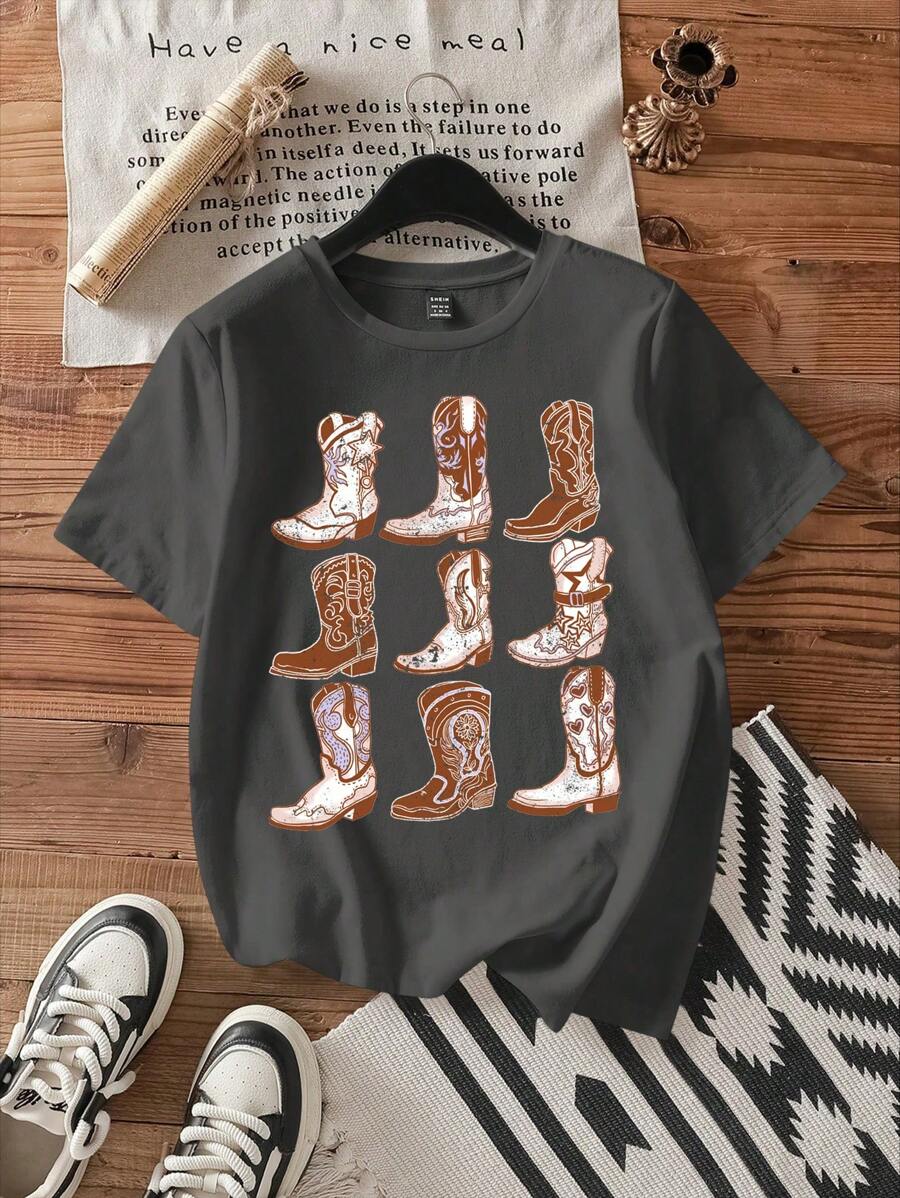 Attitoon Camiseta holgada de mujer con cuello redondo y estampado minimalista de botas, adecuada para el verano