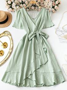 DreamSkyne Vestido mini casual/de trabajo de manga corta con cuello en V y cintura ceñida en color verde menta para mujer de talla grande, apropiado para citas, reuniones, traslados a la oficina, uso diario, Día de San Patricio y talla grande