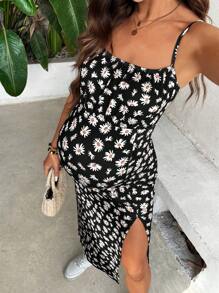 SHEIN Vestido de maternidad con estampado de margaritas, tirantes de espagueti y abertura, apto para verano, playa y vacaciones - Blanco y Negro - Ver 4