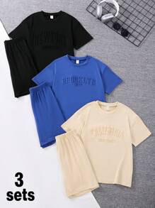 6pcs/Set Tween Boys Casual American Style Letter Embossed Multi-Color Multi-Piece Short Sleeve T-Shirt & Shorts 2 Pieces Set - Multicolor - View 1