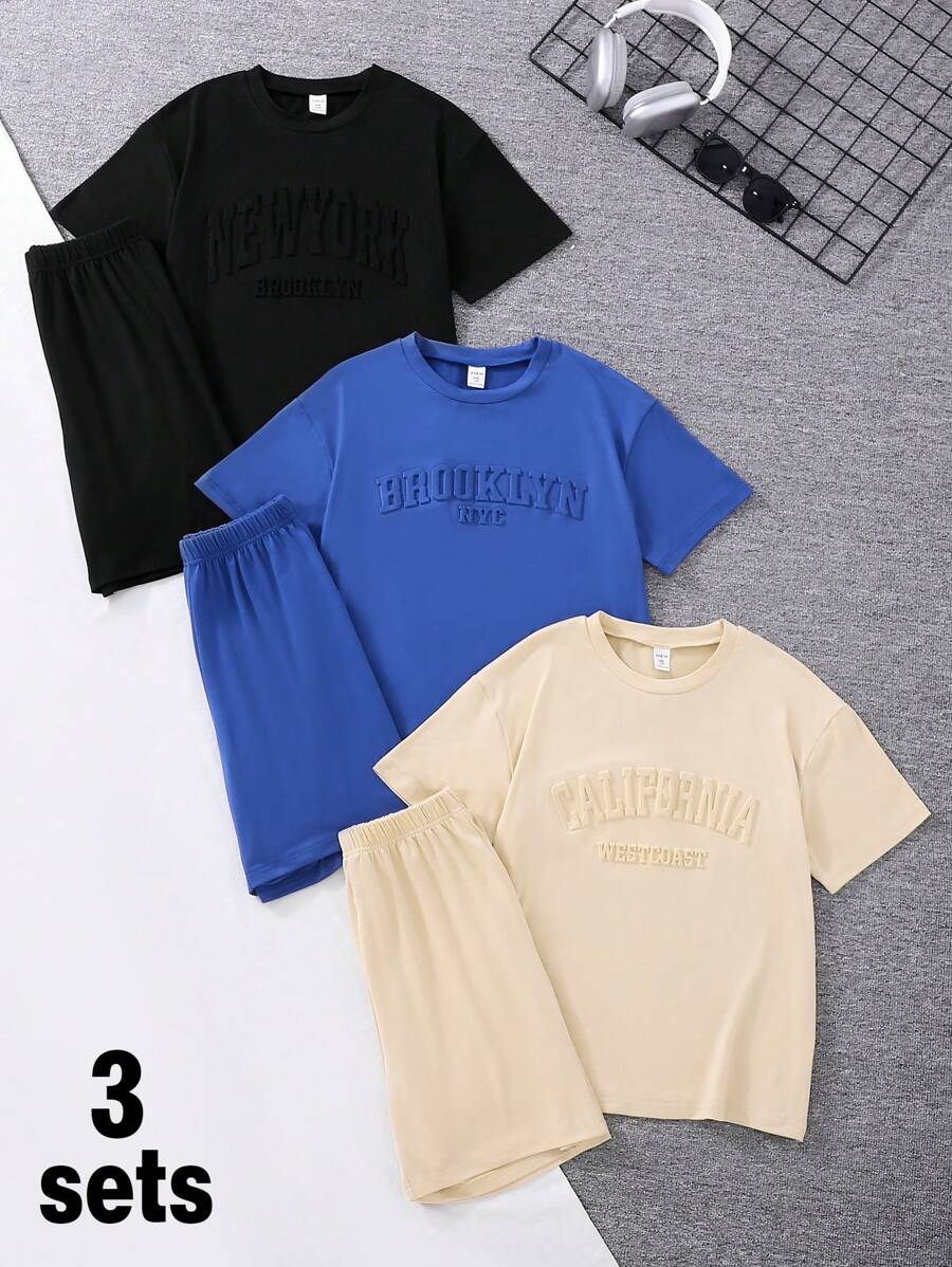 6pcs/Set Tween Boys Casual American Style Letter Embossed Multi-Color Multi-Piece Short Sleeve T-Shirt & Shorts 2 Pieces Set - Multicolor - View 1