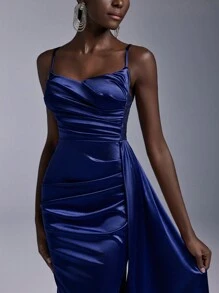 Elitara Elegant And Gorgeous Dark Blue Luxury Stretch Bright Satin Stitching Embroidered Lace Sequins V-Neck Breast Cup Pleats High Slit Fishtail Cascading Side Large Floating Pieces Decoration Suitable For Weddings, Festivals, Bachelor Parties, Graduation Evening Gowns (Heavy Industrial Style) Formal Prom Wedding Guest Dress, For Dinner Party Dress