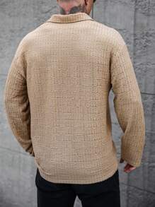 Manfinity Homme Men's Daily Casual Vacation INS Featuring A Khaki Plaid Textured Jacquard Design With A Chic V-Neck. This Includes A Long Sleeve Casual Polo Shirt, Combining Comfort And Style For A Relaxed Look. Fall And Winter Men - Coffee Brown - View 6