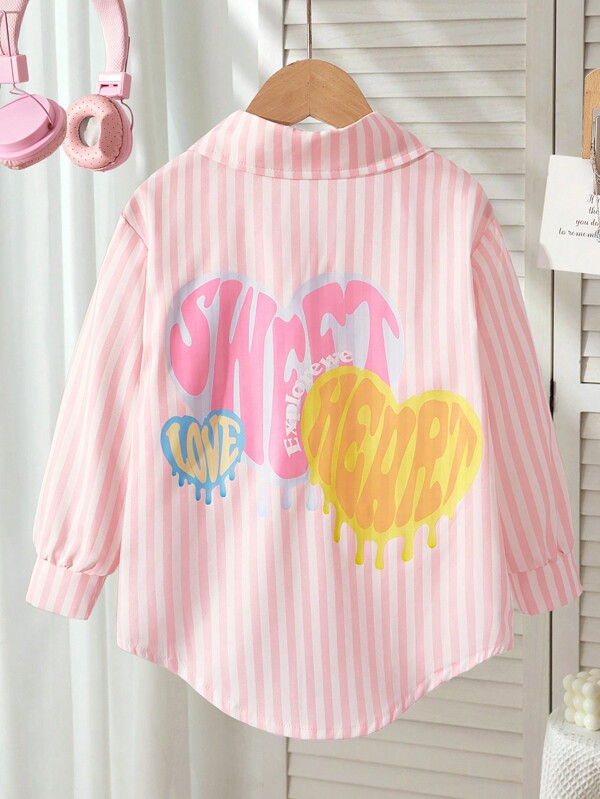 SHEIN Explorewe 1pc Young Girl Casual Polo Collar Cardigan With Heart Graphic Print, Suitable For Urban Outdoor, Sports, Casual, School, Party And Other Occasions
