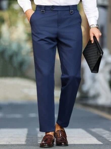 Manfinity Bizformal Men's Business Style Casual Pleated Slim Fit Trousers,Boyfriend Gifts - Navy Blue - View 4