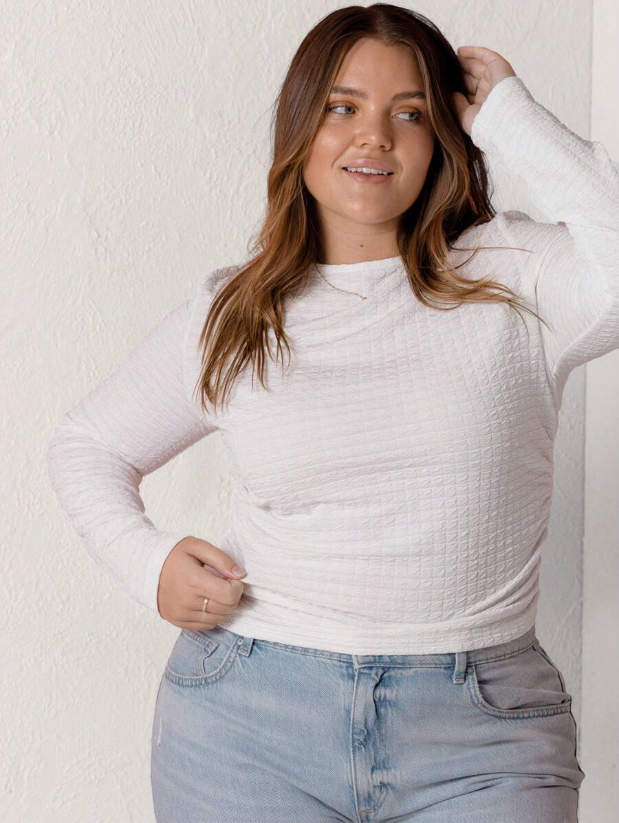 Aralina Plus Size Curve Women Backless Textured White Long Sleeve Top - Coffee Brown - View 1