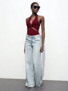 SHEIN Maija 女式红色 V 领镂空休闲夏装，百搭海滩旅行装，褶皱露背连体衣，商务休闲优雅风格 - 酒紅色 - 查看 5