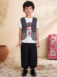 SHEIN Young Boy Geometric Pattern Vest, Cartoon Character Printed T-Shirt, And Pants 3 Piece Casual Outfit Set - Black and White - View 4