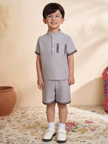 2pcs/Set Young Boy Striped Tape Trim Short Sleeve Top And Shorts Set - White - View 5