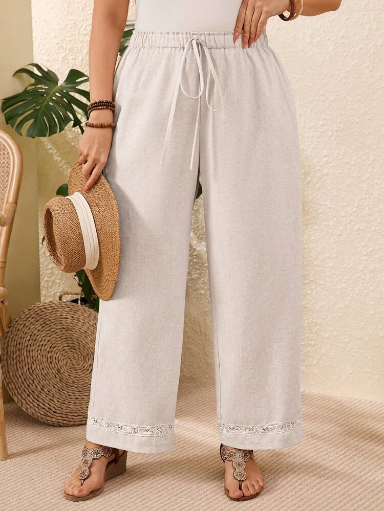 Plus Size Casual Solid Color Lace Panel Long Linen Pants Women, Summer For Women, Vacation Woman, Casual Everyday Wear
