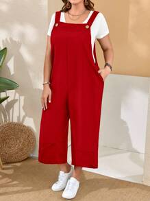 EMERY ROSE 大码女式红色工装裤，带可调节肩带、纽扣开合和开衩裤腿口袋，适合春季穿着 - 紅色 - 查看 3