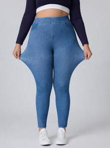 SHEIN Essnce Plus Size Solid Color Stretchy Knit Skinny Jeans, Simple And Fashionable For Casual Daily Wear - Light Wash - View 6