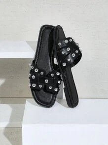 SHUZIA Women's One Large Multi Cross Band Faux Pearls Decor Square Toe Flat Sandals Spring Shoes Spring Break Easter - Black - View 6