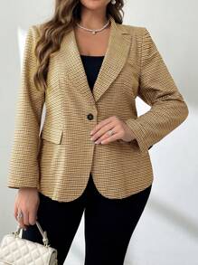 SHEIN Privé Plus Size Plaid Lapel Long Sleeve Regular Blazer, Autumn/Winter - Yellow - View 5