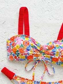 Swim Mod Swim Women Colorful Floral Print Drawstring Ruched Cute Bikini Set For Summer Beach Vacation - Multicolor - View 8