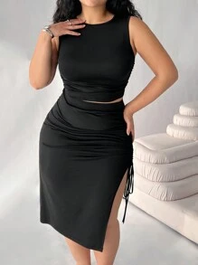 Solflare 2 chiếc/bộ áo ba lỗ không tay màu đen cỡ lớn cho nữ & váy có dây rút ở eo, quần áo mùa xuân hè - màu đen - Xem 5