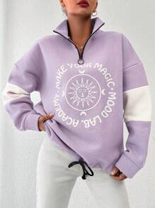 SHEIN Cottnline 棉质太阳与口号图案落肩抽绳下摆运动衫 - 紫丁香色 - 查看 1