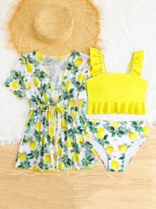 少女柠檬印花比基尼套装（含和服），黄色女孩三件套泳装沙滩装，荷叶边设计，甜美可爱，适合暑假 - 黃色 - 查看 7